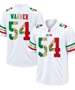 Fred Warner SF 49ers Mexico Jersey front and back views with white fabric, Mexican flag-inspired number 54 and WARNER lettering