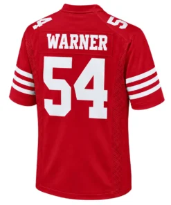 Back view of red San Francisco 49ers jersey featuring WARNER lettering, large white number 54 and striped sleeves