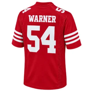 Back view of red San Francisco 49ers jersey featuring WARNER lettering, large white number 54 and striped sleeves
