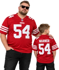Front view of Fred Warner 49ers red football jersey with white number 54, shoulder numerals and triple white sleeve stripes