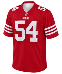 Front view of Fred Warner 49ers red football jersey with white number 54, shoulder numerals and triple white sleeve stripes