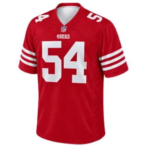 Front view of Fred Warner 49ers red football jersey with white number 54, shoulder numerals and triple white sleeve stripes