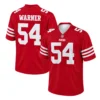Men's Fred Warner 49ers Jersey Red front and back views with white number 54, WARNER name and triple sleeve stripes