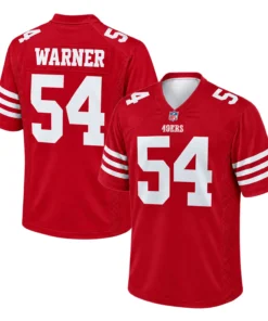 Men's Fred Warner 49ers Jersey Red front and back views with white number 54, WARNER name and triple sleeve stripes