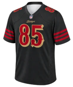 Front view of black George Kittle 49ers football jersey with red and gold number 85, red sleeve stripes and shoulder numbers