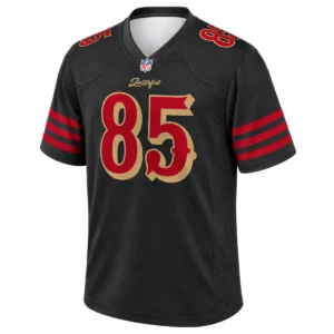 Front view of black George Kittle 49ers football jersey with red and gold number 85, red sleeve stripes and shoulder numbers