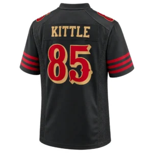 Back view of George Kittle black 49ers jersey featuring gold KITTLE lettering and red number 85 outlined in gold