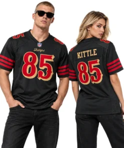 Man and woman modeling George Kittle black 49ers jerseys with front number 85 and KITTLE name on the back