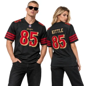 Man and woman modeling George Kittle black 49ers jerseys with front number 85 and KITTLE name on the back