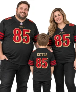 Father, mother and young son wearing matching black George Kittle 49ers number 85 football jerseys