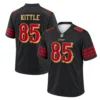 49ers George Kittle Jersey Black 2026 front and back views featuring gold-outlined red number 85 and KITTLE lettering