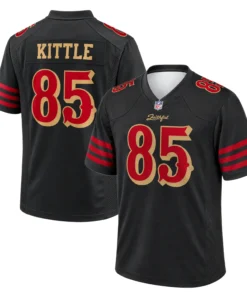 49ers George Kittle Jersey Black 2026 front and back views featuring gold-outlined red number 85 and KITTLE lettering