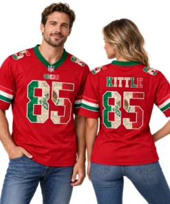 Man and woman wearing matching red George Kittle 49ers Mexico jerseys showing front and back number 85 designs