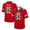 San Francisco 49ers Kittle Mexico Jersey Dynamic NFL Wear front and back views with KITTLE lettering, camouflage number 85 and green sleeve stripes