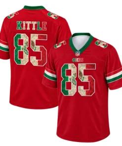 San Francisco 49ers Kittle Mexico Jersey Dynamic NFL Wear front and back views with KITTLE lettering, camouflage number 85 and green sleeve stripes