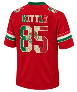 Back view of red George Kittle Mexico-inspired 49ers jersey featuring KITTLE lettering and camouflage number 85