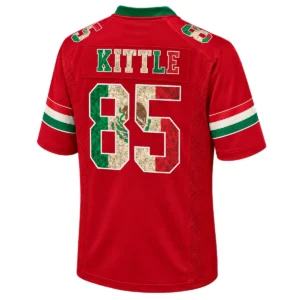 Back view of red George Kittle Mexico-inspired 49ers jersey featuring KITTLE lettering and camouflage number 85