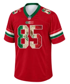 Front view of red George Kittle 49ers Mexico jersey with camouflage number 85, green and white sleeve stripes