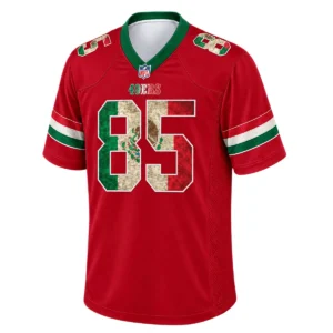 Front view of red George Kittle 49ers Mexico jersey with camouflage number 85, green and white sleeve stripes