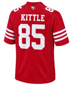Back view of red George Kittle 49ers jersey showing white KITTLE lettering and large number 85