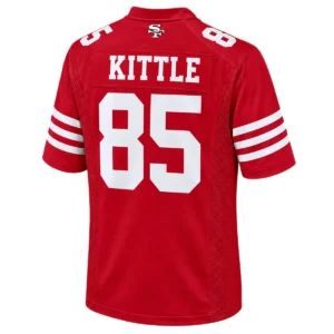 Back view of red George Kittle 49ers jersey showing white KITTLE lettering and large number 85