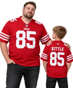 Father and young son wearing matching red George Kittle 49ers number 85 jerseys, showing front and back designs