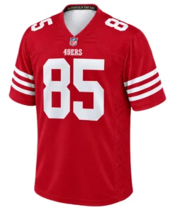 Front view of red George Kittle San Francisco 49ers football jersey with white number 85, shoulder numbers and triple sleeve stripes