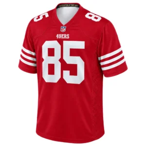Front view of red George Kittle San Francisco 49ers football jersey with white number 85, shoulder numbers and triple sleeve stripes