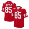 Red Kittle San Francisco 49ers Jersey front and back views with white number 85, KITTLE lettering and striped sleeves