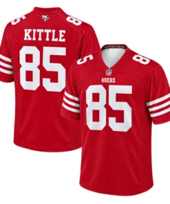 Red Kittle San Francisco 49ers Jersey front and back views with white number 85, KITTLE lettering and striped sleeves
