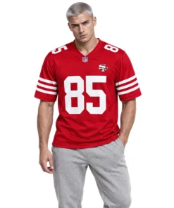 Male model wearing red George Kittle 49ers jersey with white number 85, shoulder numbers and classic sleeve stripes