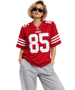 Woman wearing a red George Kittle 49ers jersey with white number 85 and triple sleeve stripes
