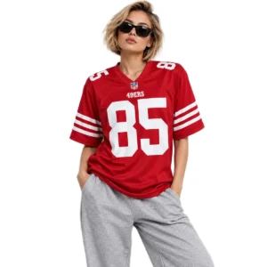 Woman wearing a red George Kittle 49ers jersey with white number 85 and triple sleeve stripes
