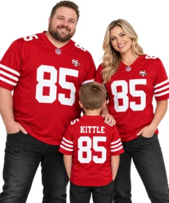 Father, mother and young son wearing matching red George Kittle number 85 San Francisco 49ers football jerseys