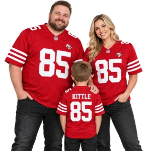 Father, mother and young son wearing matching red George Kittle number 85 San Francisco 49ers football jerseys