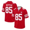 49ers George Kittle Jersey Youth 2026 front and back views with white number 85, KITTLE lettering and triple sleeve stripes