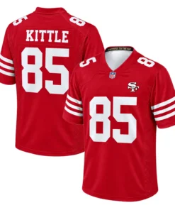 49ers George Kittle Jersey Youth 2026 front and back views with white number 85, KITTLE lettering and triple sleeve stripes