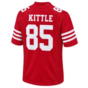 Back view of red San Francisco 49ers Kittle jersey featuring white KITTLE lettering, number 85 and striped sleeves