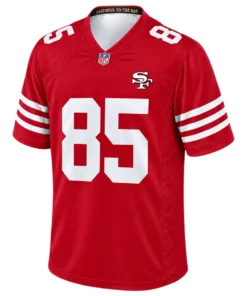 Front view of red George Kittle 49ers youth football jersey with white number 85, shoulder numbers and triple sleeve stripes