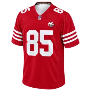 Front view of red George Kittle 49ers youth football jersey with white number 85, shoulder numbers and triple sleeve stripes