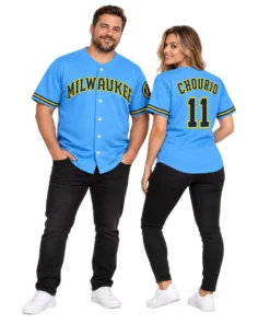 Man and Woman Wearing Blue Jackson Chourio Brewers Baseball Jerseys