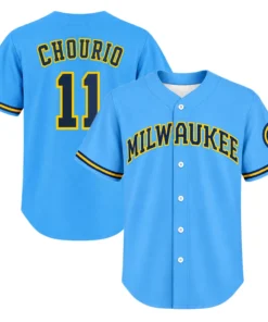 Jackson Chourio Brewers Blue Jersey Front and Back Views Milwaukee Design