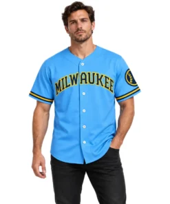 Male Model Wearing Jackson Chourio Blue Milwaukee Brewers Jersey