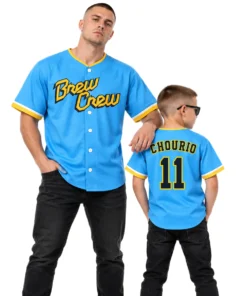 Father and Son Wearing Jackson Chourio Brewers Jerseys