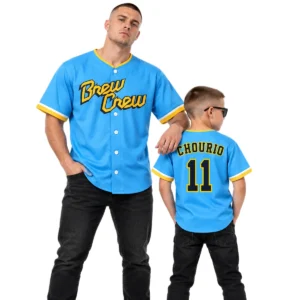 Father and Son Wearing Jackson Chourio Brewers Jerseys