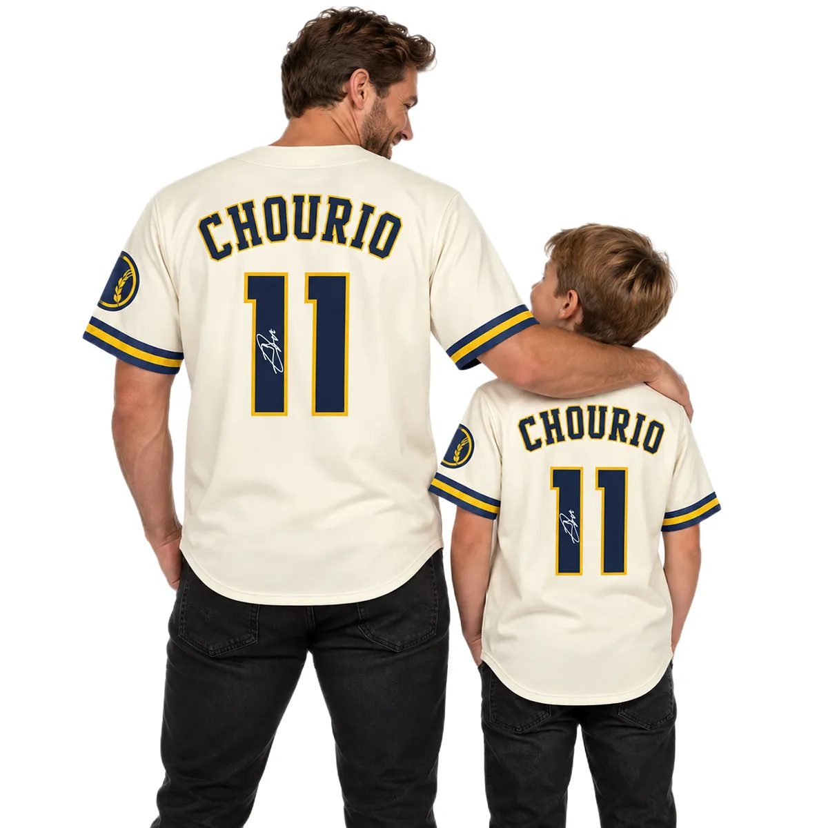 Jackson Chourio Milwaukee Brewers Cream Jersey Signature Exclusive Dad and Son