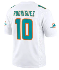 Jacob Rodriguez jersey back with RODRIGUEZ name and aqua number 10 outlined in orange