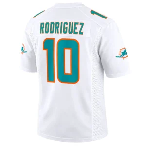 Jacob Rodriguez jersey back with RODRIGUEZ name and aqua number 10 outlined in orange