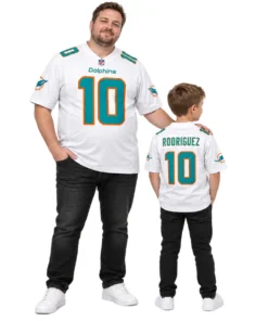 Family wearing matching Dolphins away jersey styles in white aqua and orange