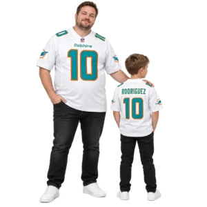 Family wearing matching Dolphins away jersey styles in white aqua and orange
